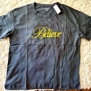 Old Navy Charcoal Tee with Gold shiny “Believe” graphic